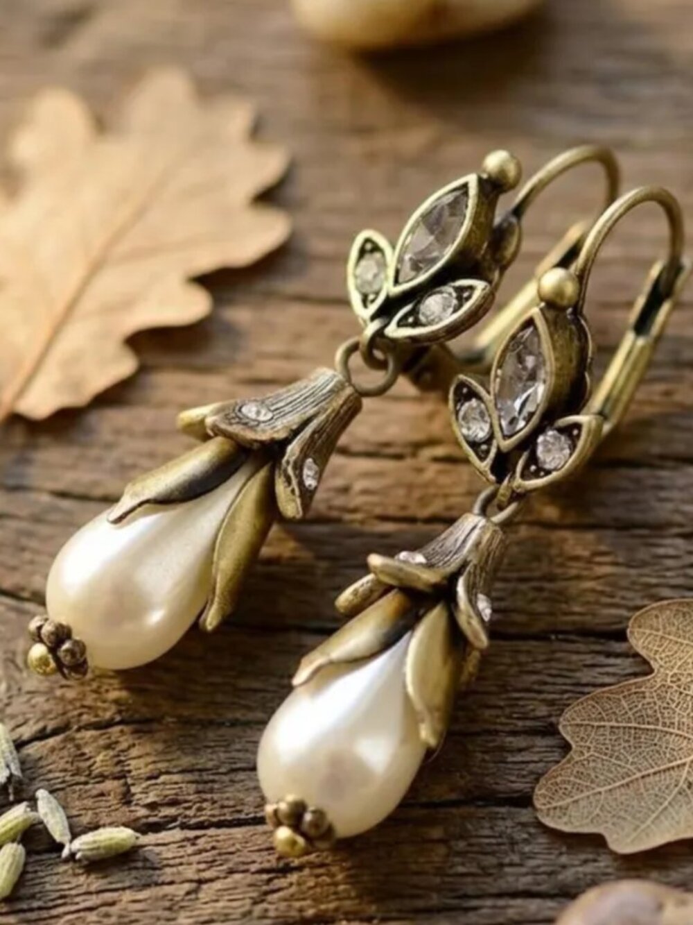 Victorian Drop Earrings Floral Lily Pearl Pendant Leaf Bronze Antiqued Metal